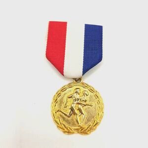 Gold Tone Award Medal Red White Blue Ribbon Running Cross-country Marathon Race
